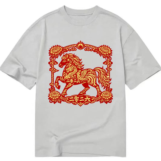HORSE | Silk style horse design | Gold and silver thread appearance | Phoenix and - Classic T-shirt - Grey