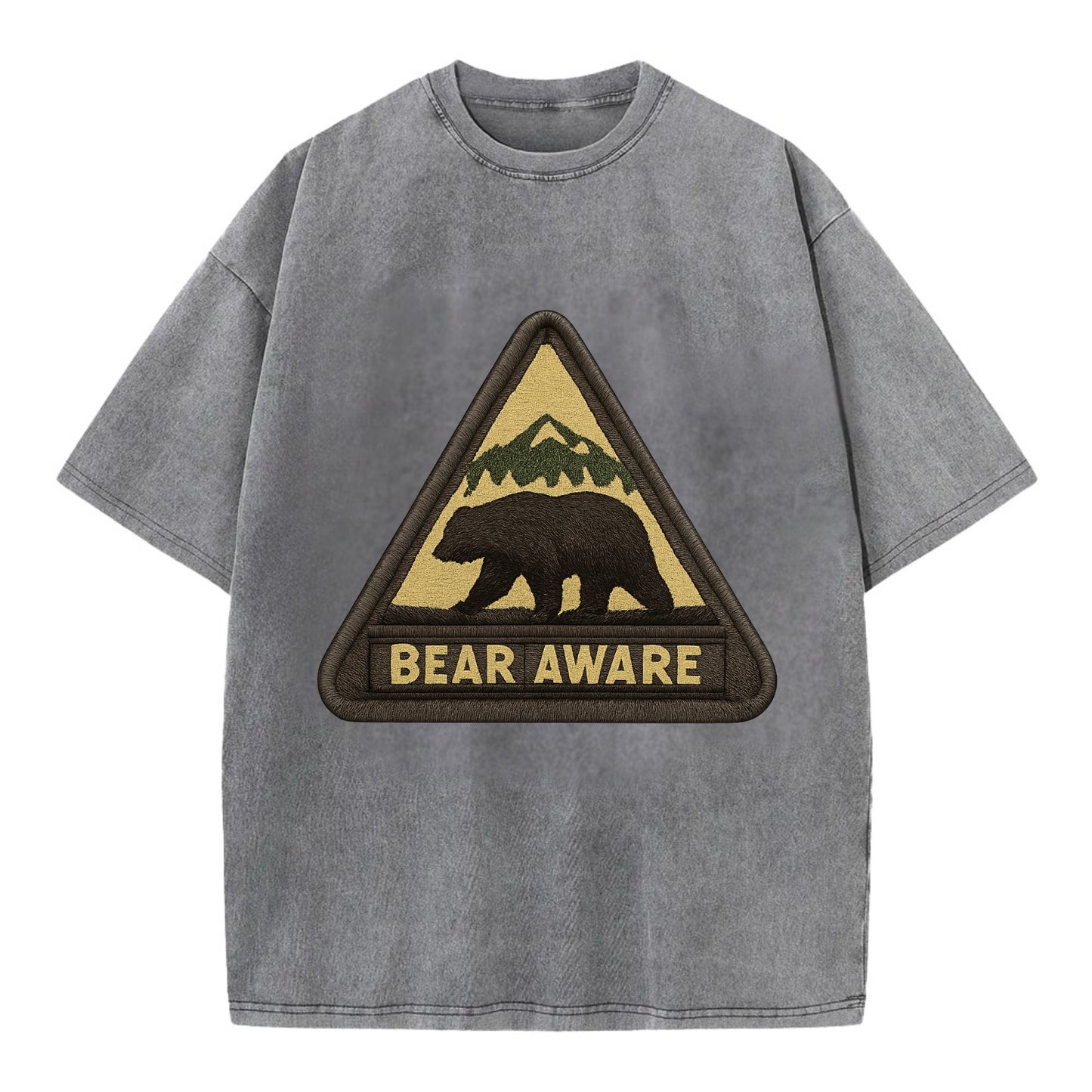 BEAR AWARE - bear silhouette warning in brown and yellow , wilderness safety - Vintage T-shirt - Grey