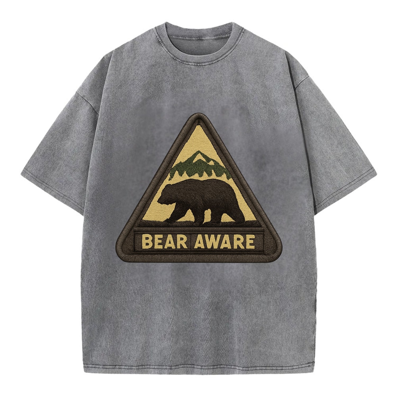 BEAR AWARE - bear silhouette warning in brown and yellow , wilderness safety - Vintage T-shirt - Grey