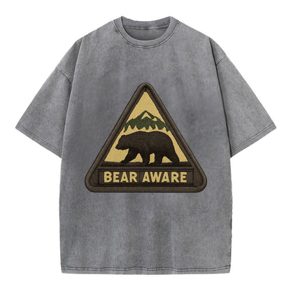 BEAR AWARE - bear silhouette warning in brown and yellow , wilderness safety - Vintage T-shirt - Grey