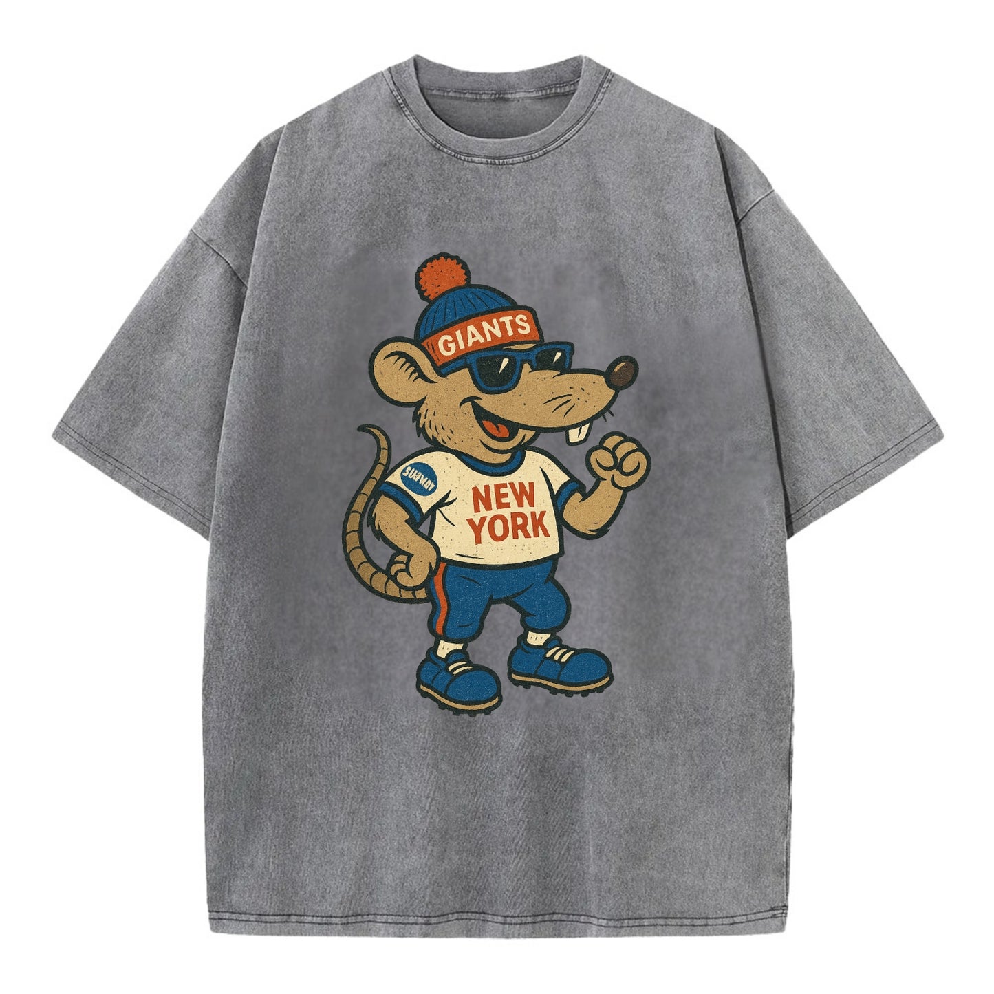 New York Rat wearing Giants beanie with subway patch and wayfarer sunglasses - Vintage T-shirt - Grey