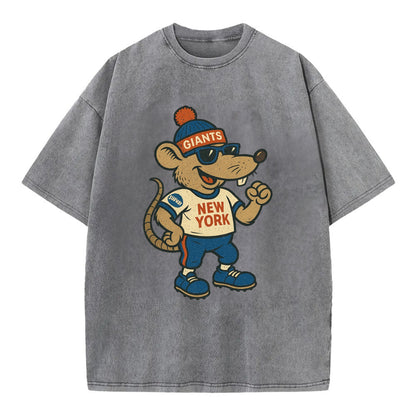 New York Rat wearing Giants beanie with subway patch and wayfarer sunglasses - Vintage T-shirt - Grey