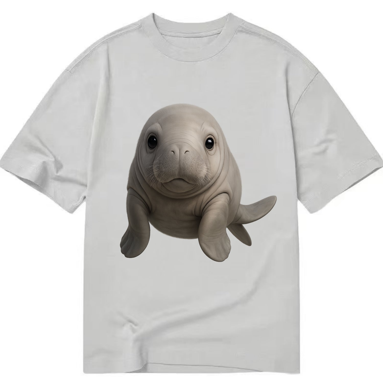 Baby Dugong - gray with paddle tail, gentle expression, whiskers, front-facing, - Classic T-shirt - Grey