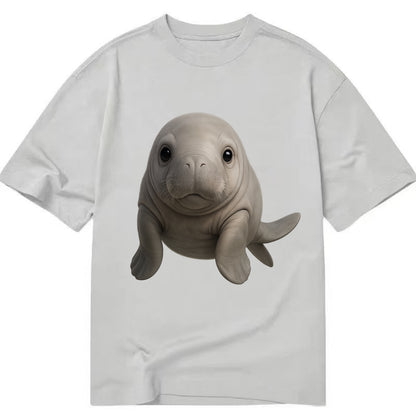 Baby Dugong - gray with paddle tail, gentle expression, whiskers, front-facing, - Classic T-shirt - Grey