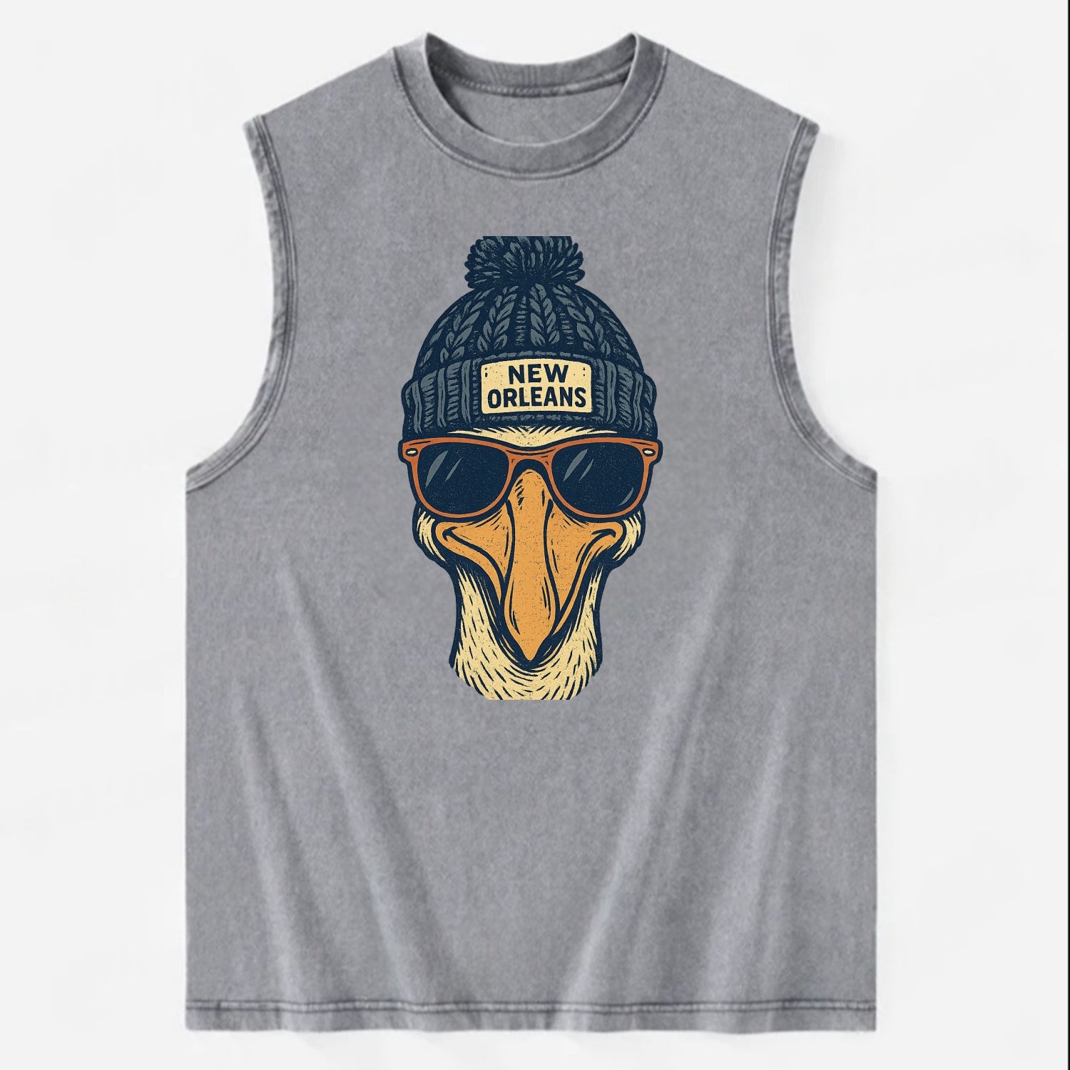 New Orleans Pelican wearing New Orleans beanie with pom pom and wayfarer - Vintage Washed Tank - Grey