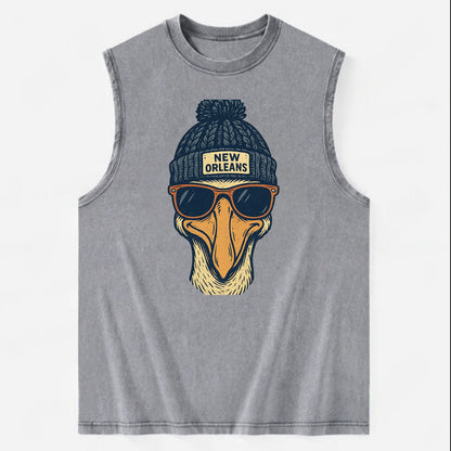 New Orleans Pelican wearing New Orleans beanie with pom pom and wayfarer - Vintage Washed Tank - Grey