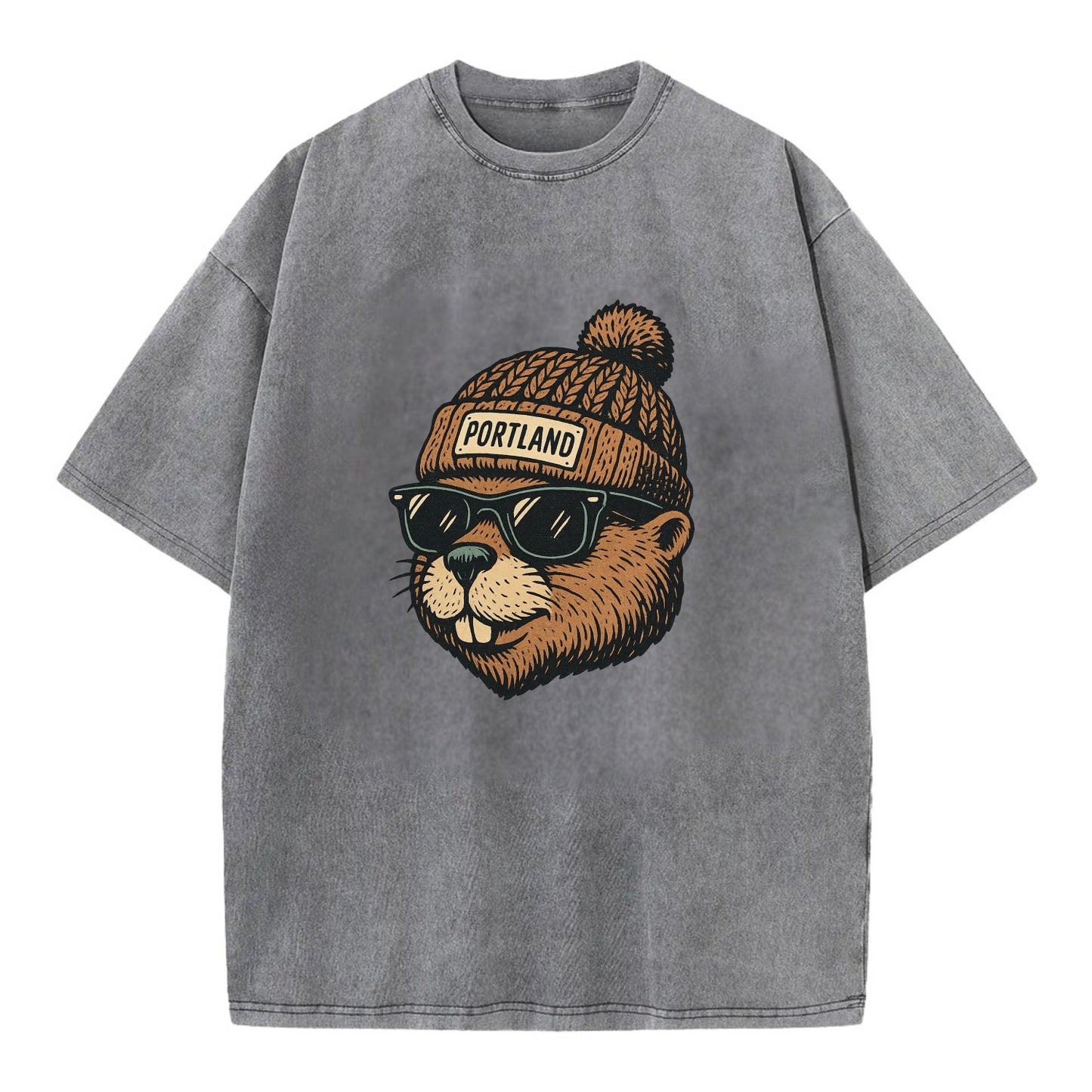 Portland Beaver wearing Portland beanie with pom pom and wayfarer sunglasses - Vintage T-shirt - Grey