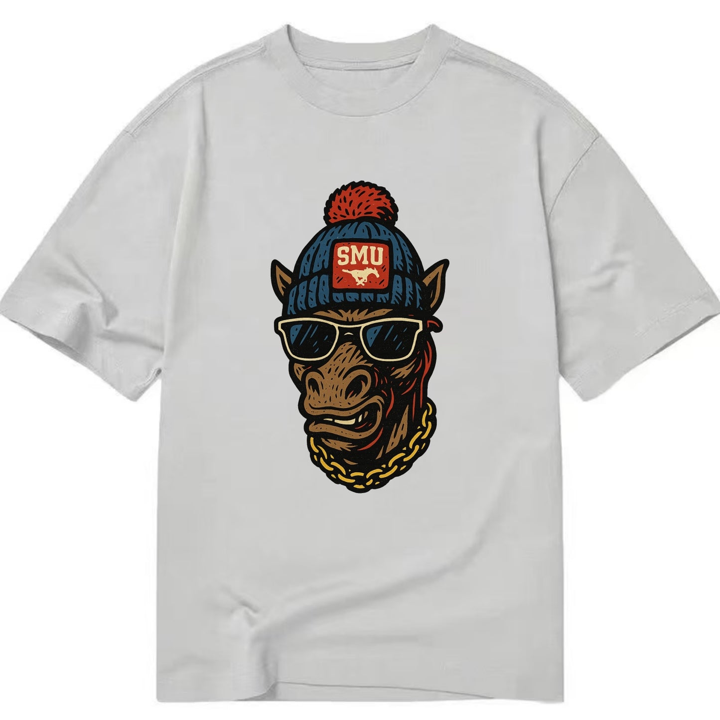 Dallas Mustang wearing SMU beanie with pony patch - Classic T-shirt - Grey