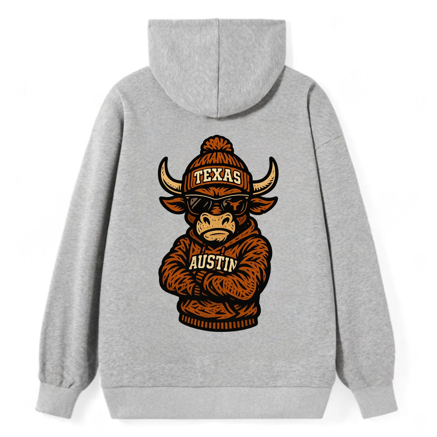 Austin Bevo wearing Texas beanie with longhorn patch - Classic Pullover Hoodie - Grey