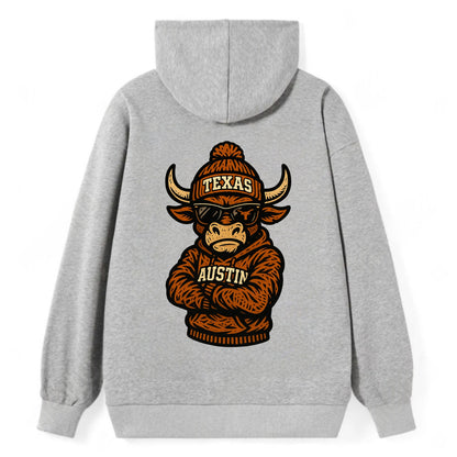 Austin Bevo wearing Texas beanie with longhorn patch - Classic Pullover Hoodie - Grey