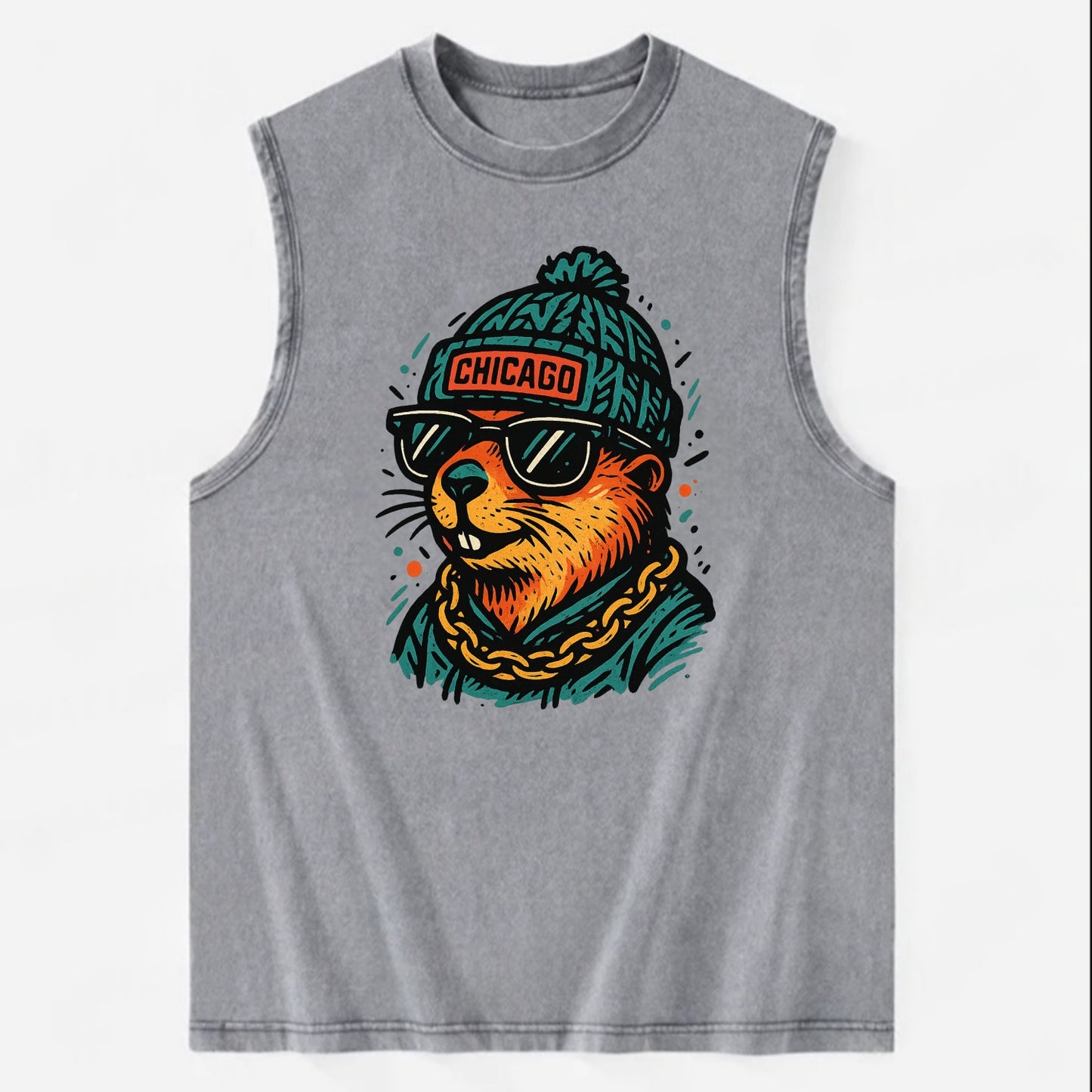 Illinois Prairie Dog wearing Chicago beanie with pom pom and wayfarer - Vintage Washed Tank - Grey
