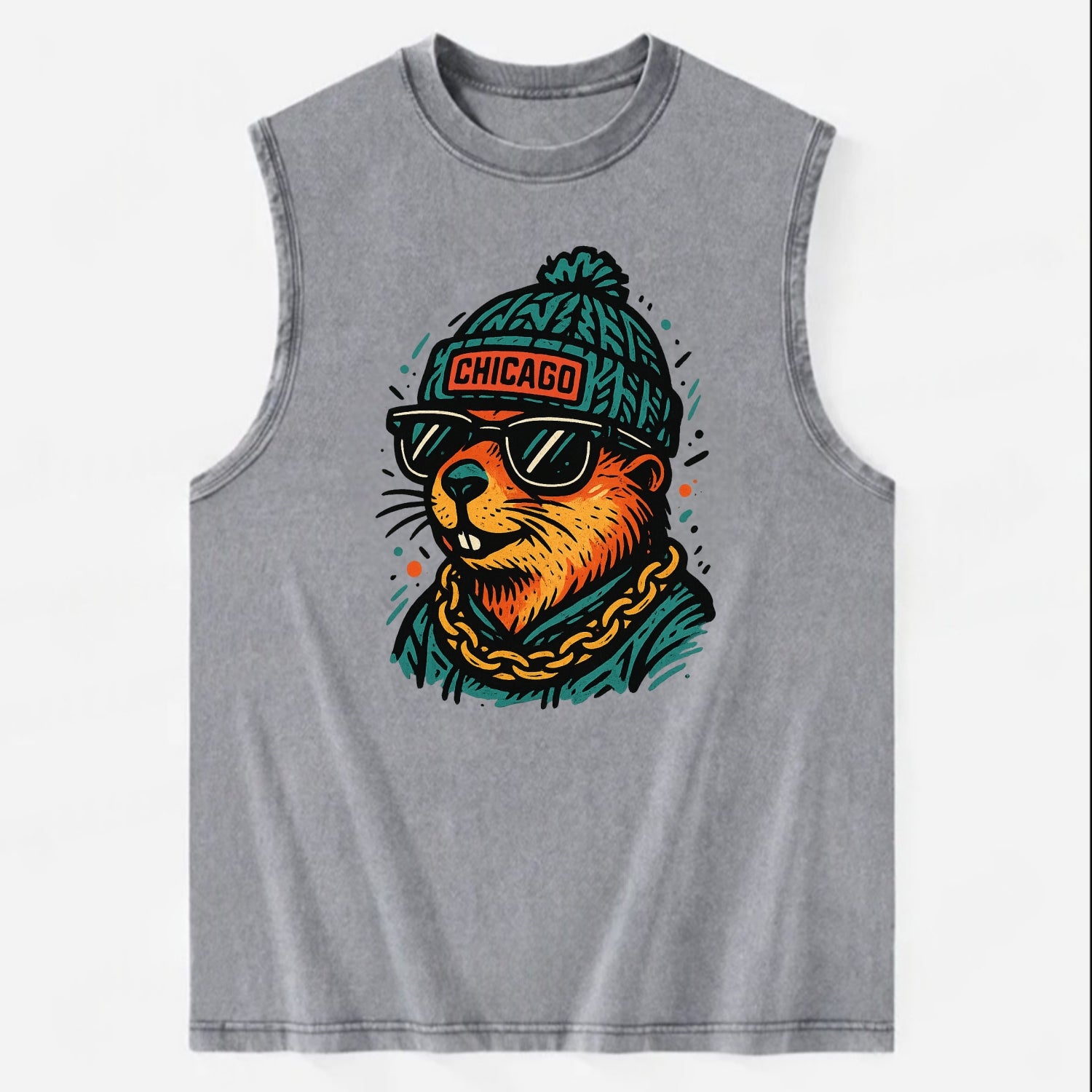 Illinois Prairie Dog wearing Chicago beanie with pom pom and wayfarer - Vintage Washed Tank - Grey