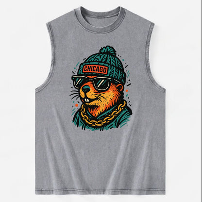 Illinois Prairie Dog wearing Chicago beanie with pom pom and wayfarer - Vintage Washed Tank - Grey