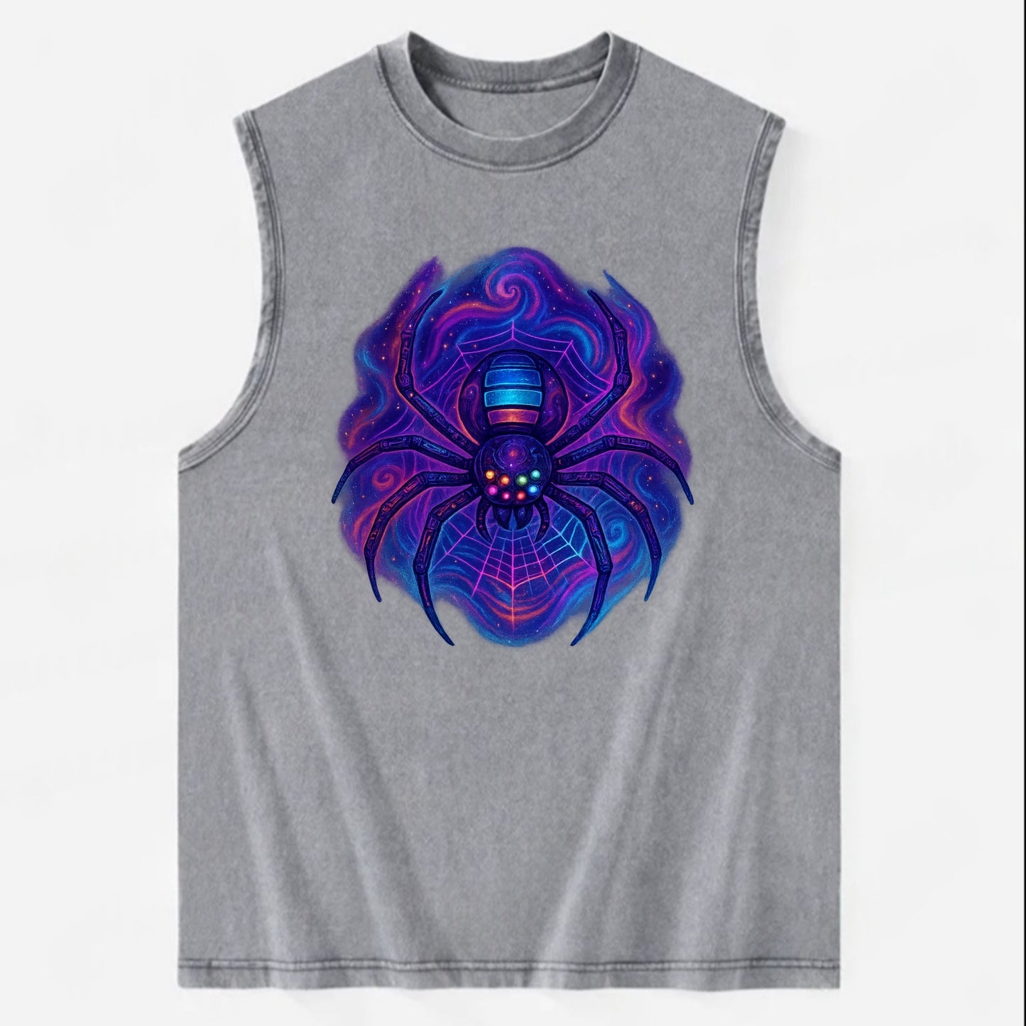 Tech spider with legs showing circuit board patterns, web glowing in neon - Vintage Washed Tank - Grey
