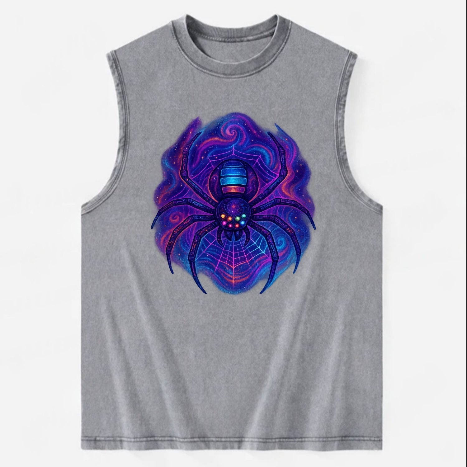 Tech spider with legs showing circuit board patterns, web glowing in neon - Vintage Washed Tank - Grey