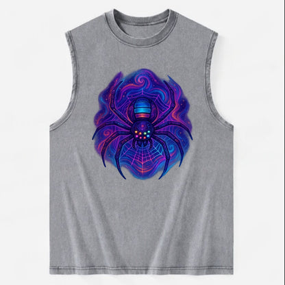Tech spider with legs showing circuit board patterns, web glowing in neon - Vintage Washed Tank - Grey