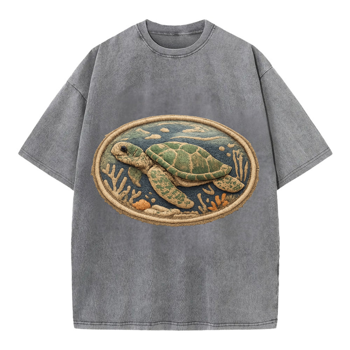 SEA TURTLE - swimming turtle in green and blue , ocean life - Vintage T-shirt - Grey