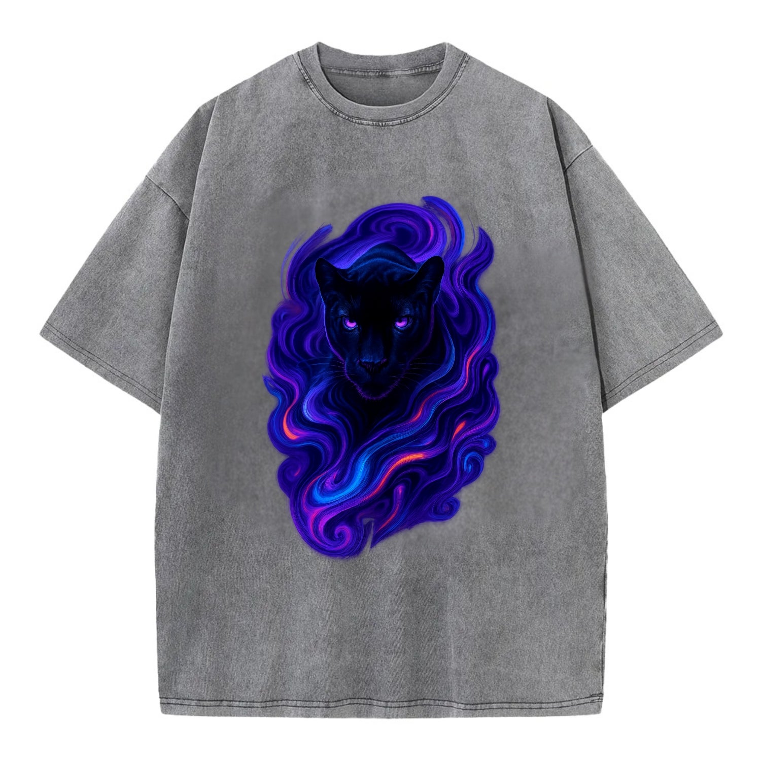 Sleek black panther emerging from swirls of deep purple and electric blue, - Vintage T-shirt - Grey
