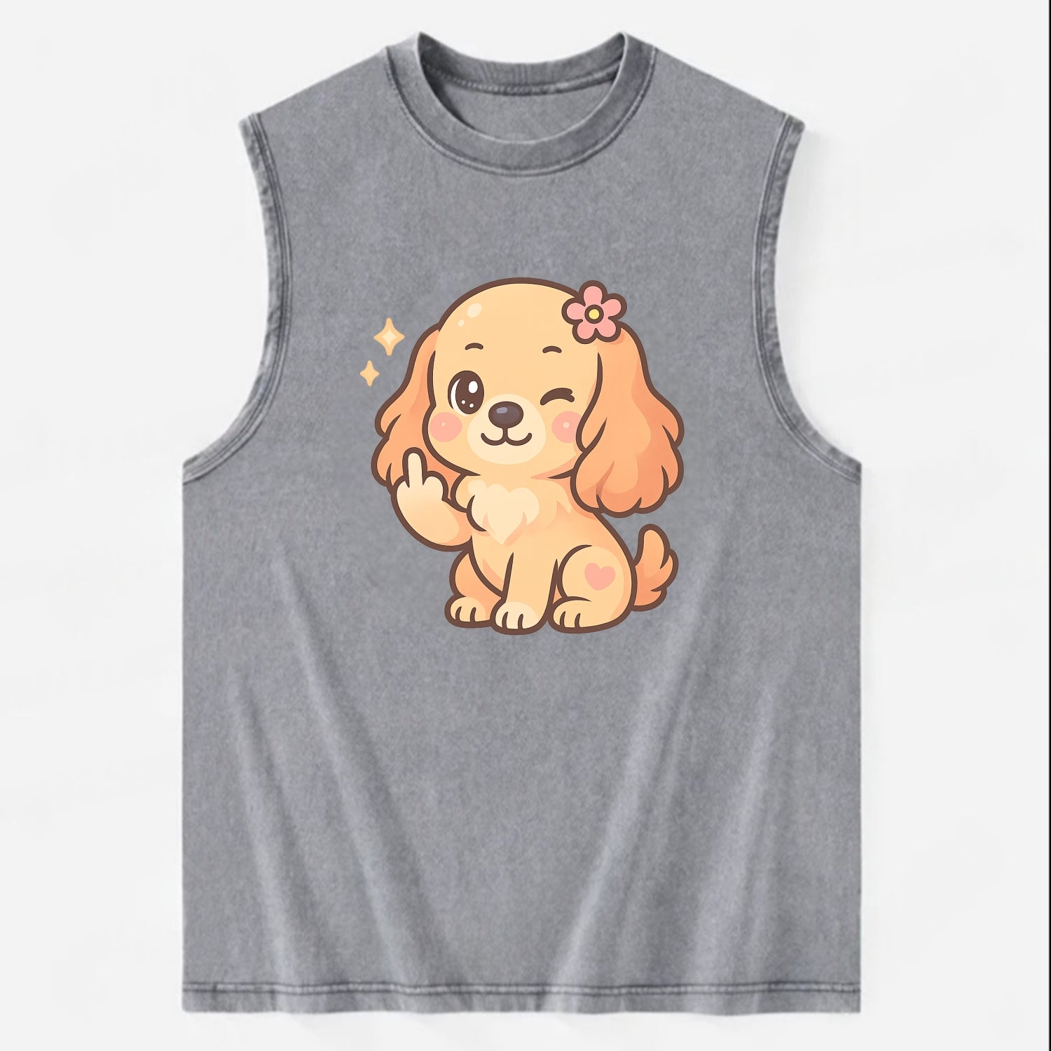 Cocker Spaniel with long wavy ears, gentle face, paw flipping off - Vintage Washed Tank - Grey