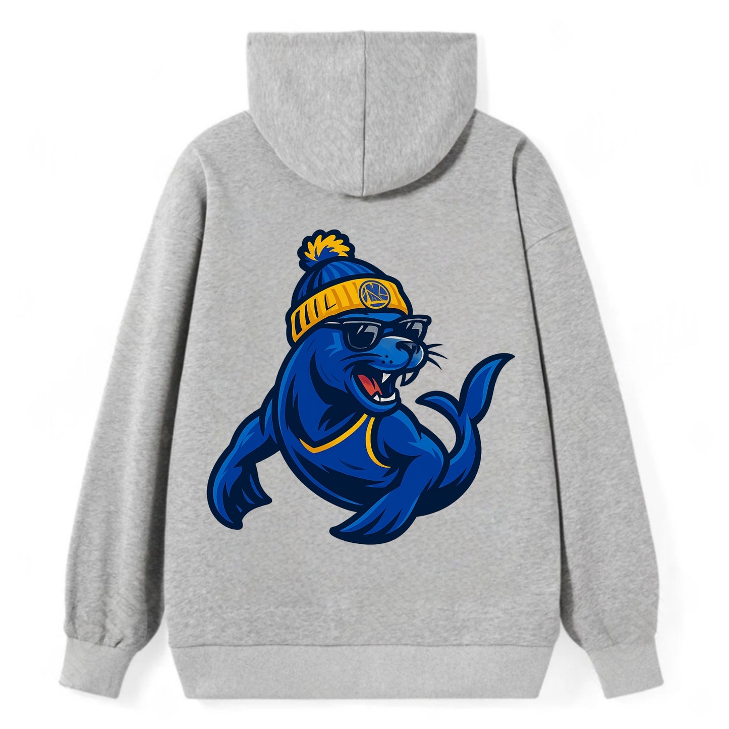 Bay Area Sea Lion wearing Warriors blue and gold beanie with Golden Gate - Classic Pullover Hoodie - Grey