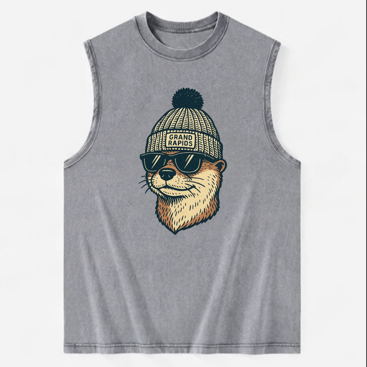 Grand Rapids River Otter wearing Grand Rapids beanie with pom pom and - Vintage Washed Tank - Grey