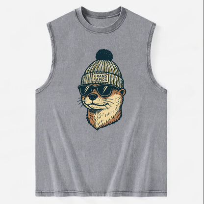 Grand Rapids River Otter wearing Grand Rapids beanie with pom pom and - Vintage Washed Tank - Grey