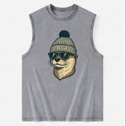 Grand Rapids River Otter wearing Grand Rapids beanie with pom pom and - Vintage Washed Tank
