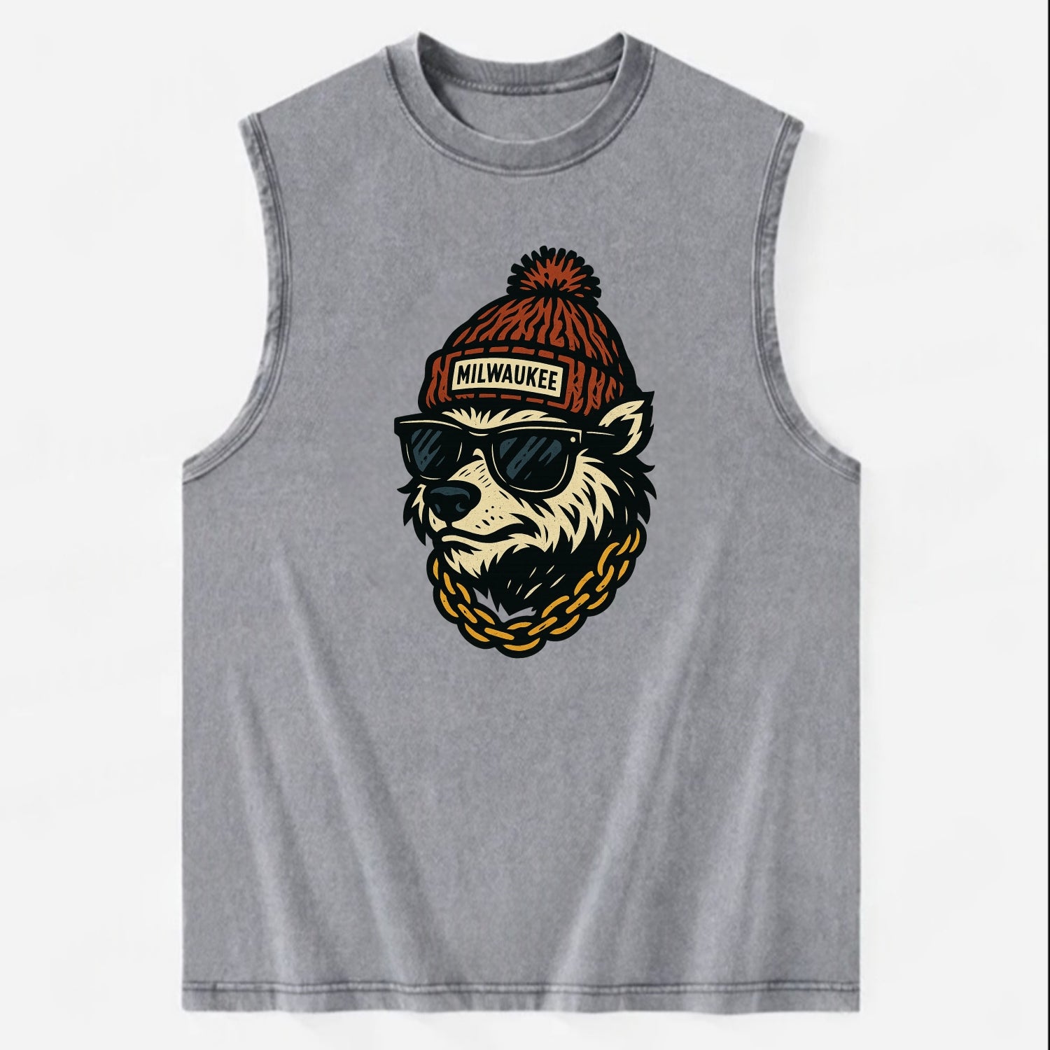 Milwaukee Badger wearing Milwaukee beanie with pom pom and wayfarer sunglasses - Vintage Washed Tank - Grey