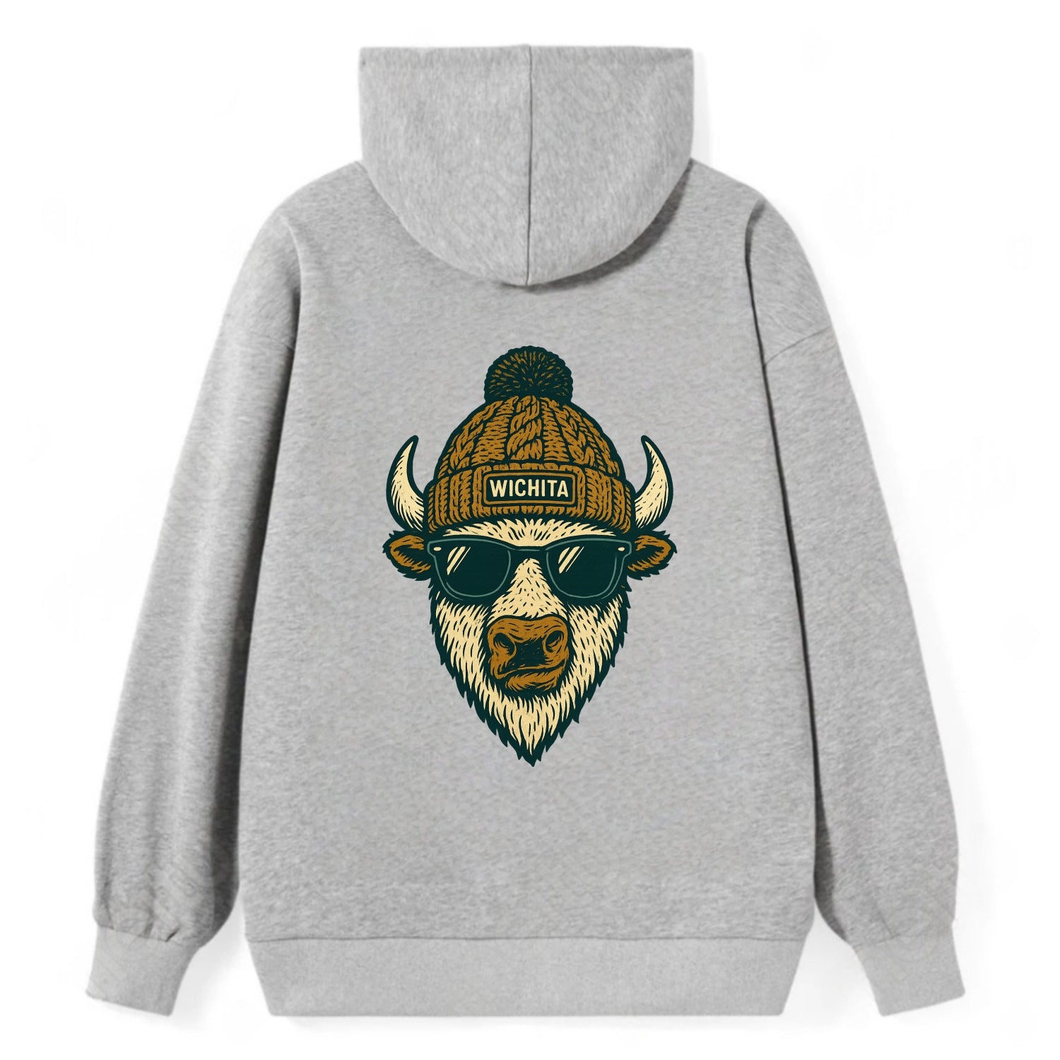 Kansas American Bison wearing Wichita beanie with pom pom and wayfarer - Classic Pullover Hoodie - Grey