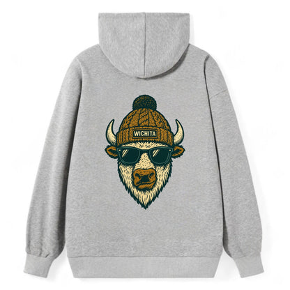 Kansas American Bison wearing Wichita beanie with pom pom and wayfarer - Classic Pullover Hoodie - Grey