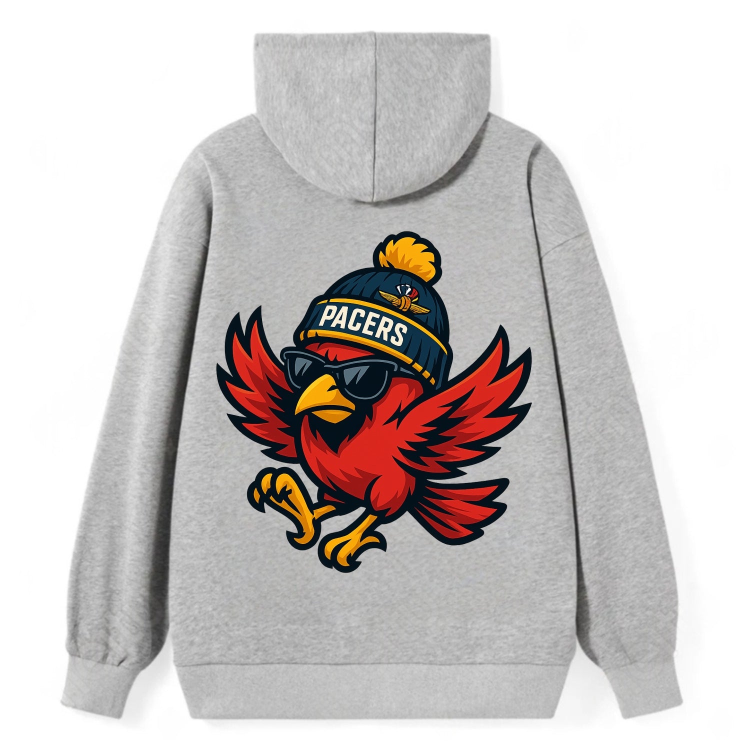 Indiana Cardinal wearing Pacers beanie with speedway patch and wayfarer - Classic Pullover Hoodie - Grey