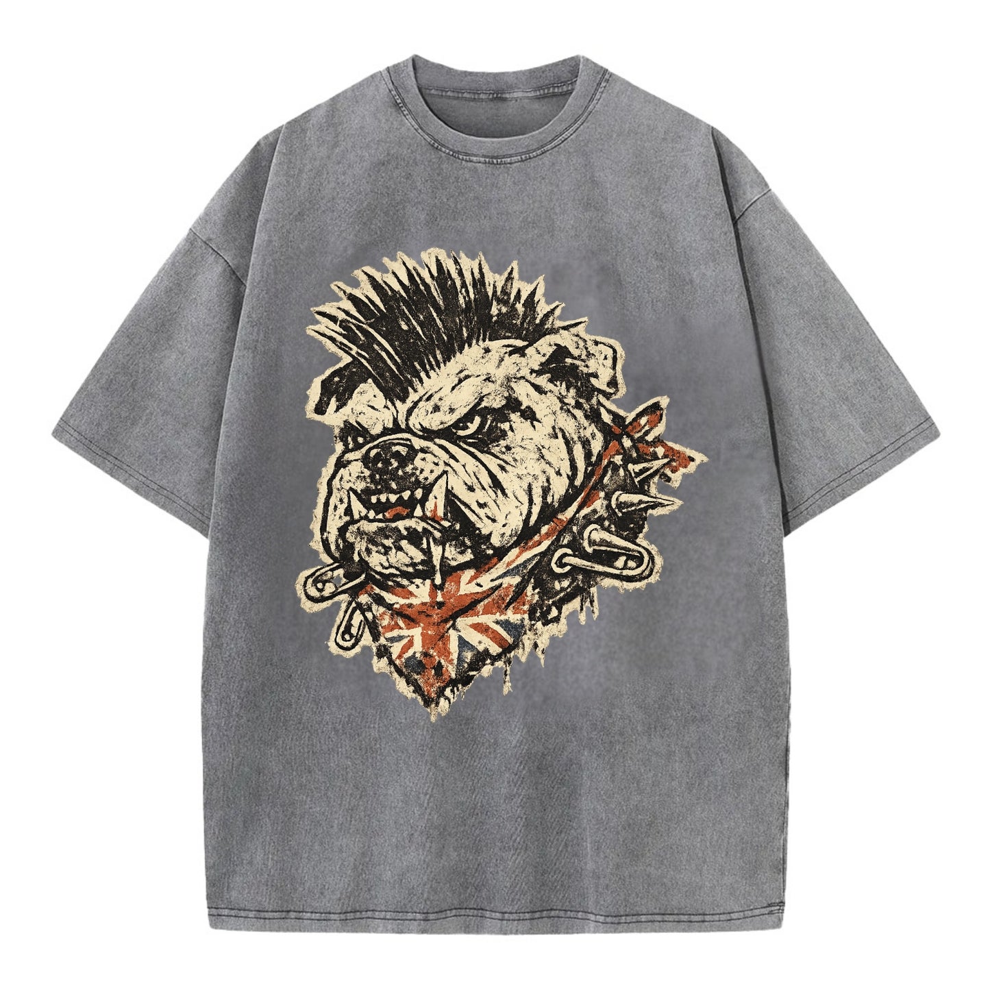 PUNK BULLDOG | British bulldog with mohawk | Safety pins through collar | Union - Vintage T-shirt - Grey