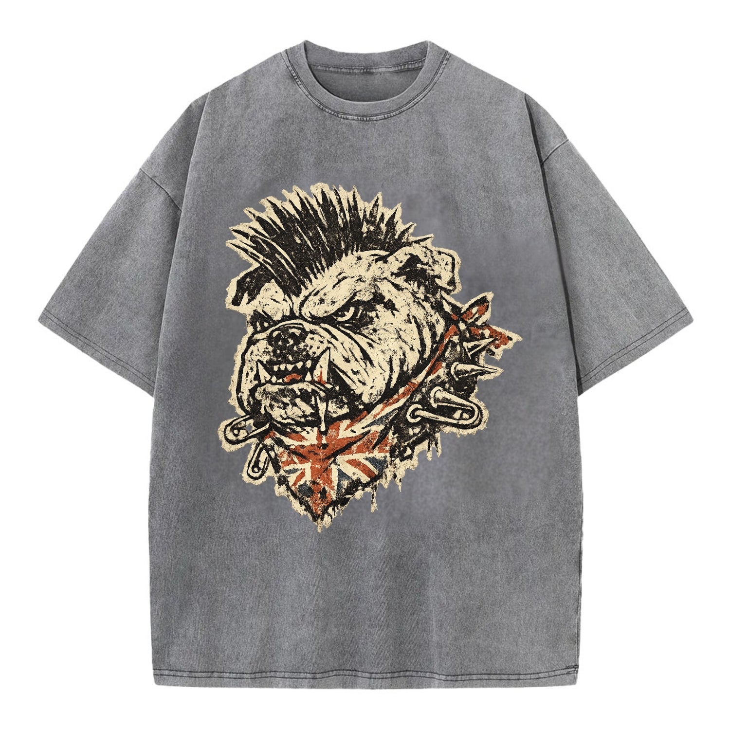 PUNK BULLDOG | British bulldog with mohawk | Safety pins through collar | Union - Vintage T-shirt - Grey