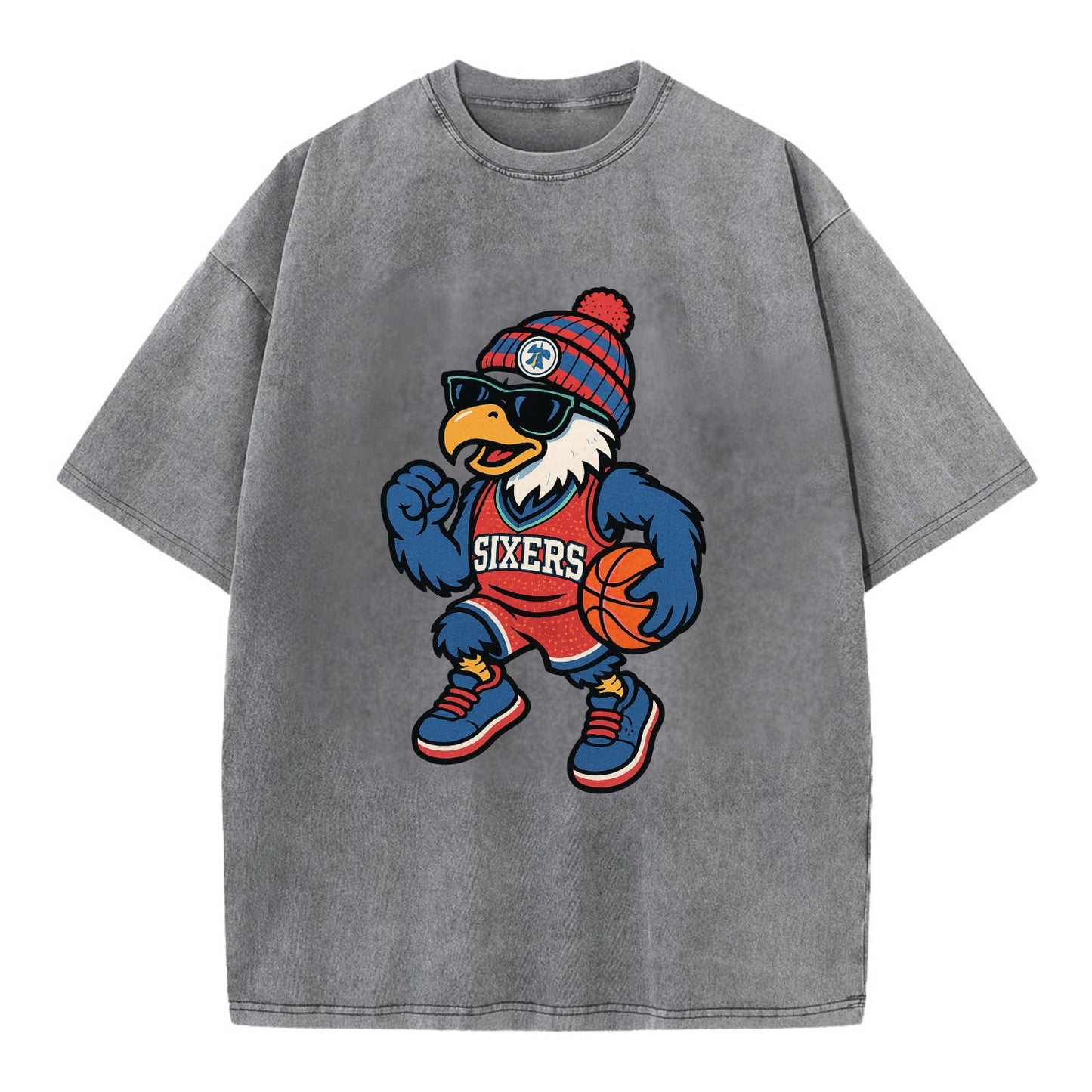 Philadelphia Eagle wearing 76ers red white and blue beanie with bell patch and - Vintage T-shirt - Grey