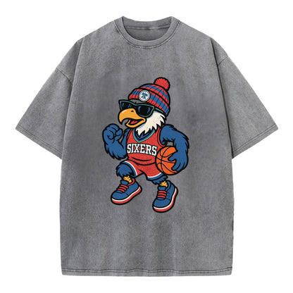 Philadelphia Eagle wearing 76ers red white and blue beanie with bell patch and - Vintage T-shirt - Grey
