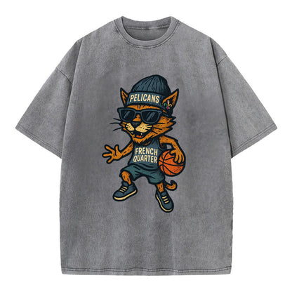 French Quarter Cat wearing Pelicans beanie with Mardi Gras patch and wayfarer - Vintage T-shirt - Grey