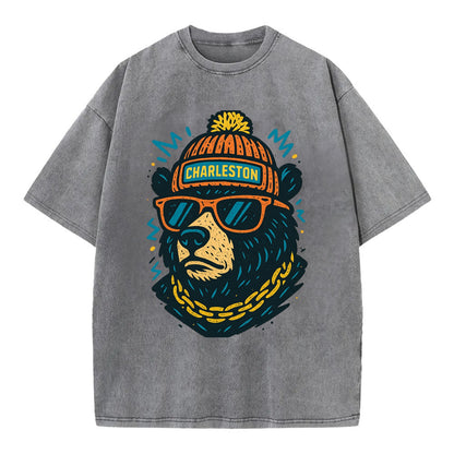 West Virginia Black Bear wearing Charleston beanie with pom pom and wayfarer - Vintage T-shirt - Grey