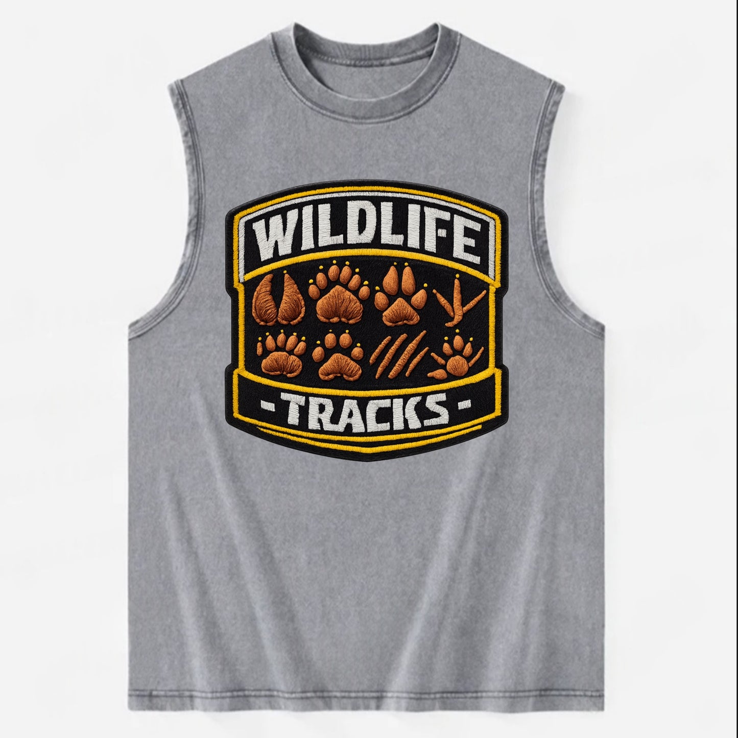WILDLIFE TRACKS - animal footprints in brown , tracker - Vintage Washed Tank - Grey