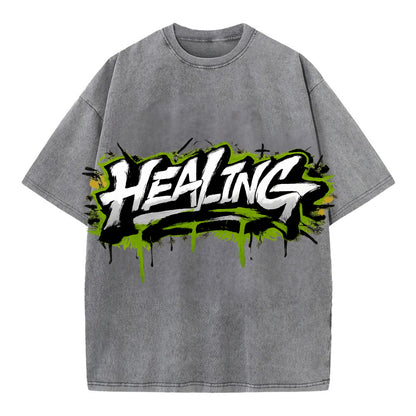 Bold typography design - "HEALING" - in recovery, getting better - Vintage T-shirt - Grey