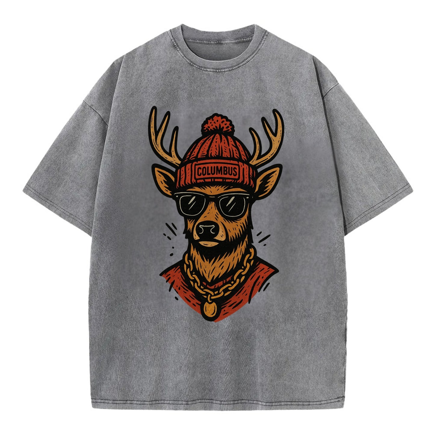 Columbus White-tailed Deer wearing Columbus beanie with pom pom and wayfarer - Vintage T-shirt - Grey