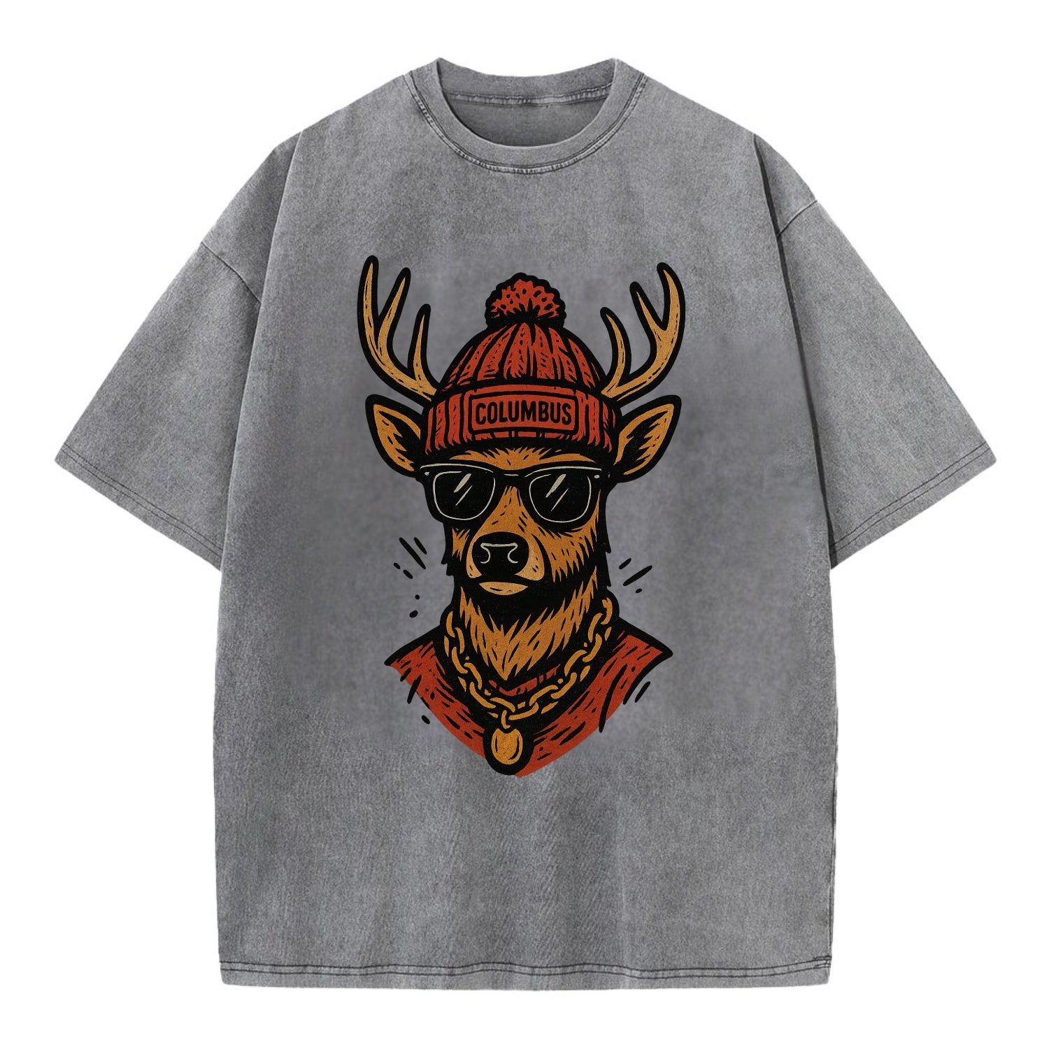 Columbus White-tailed Deer wearing Columbus beanie with pom pom and wayfarer - Vintage T-shirt - Grey