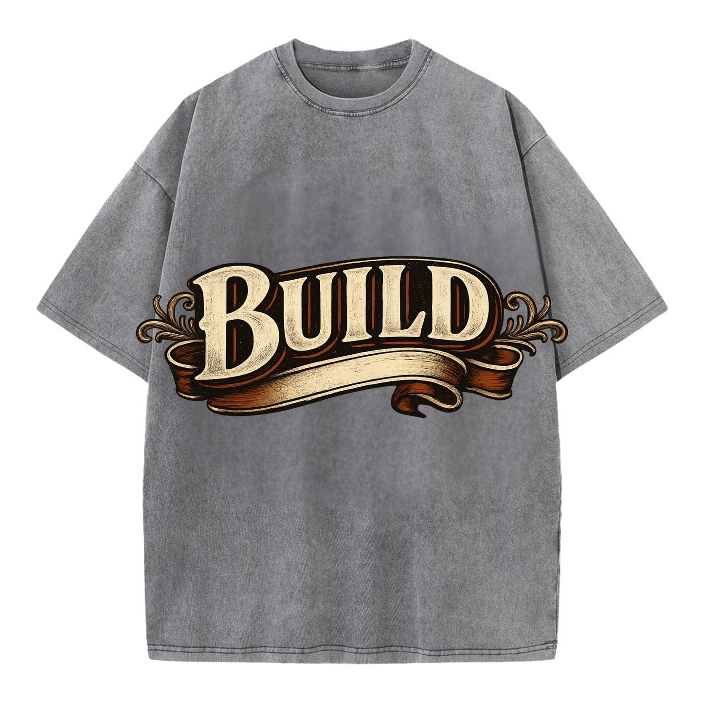 Bold typography design - "BUILD" - constructing, making real - Vintage T-shirt - Grey