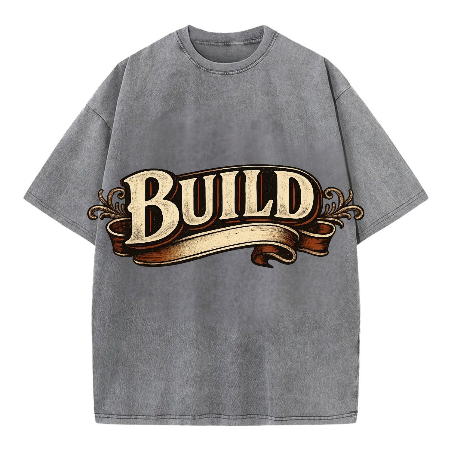 Bold typography design - "BUILD" - constructing, making real - Vintage T-shirt - Grey