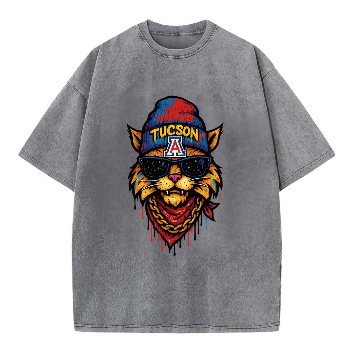 Tucson Wildcat wearing Arizona beanie with A patch - Vintage T-shirt - Grey