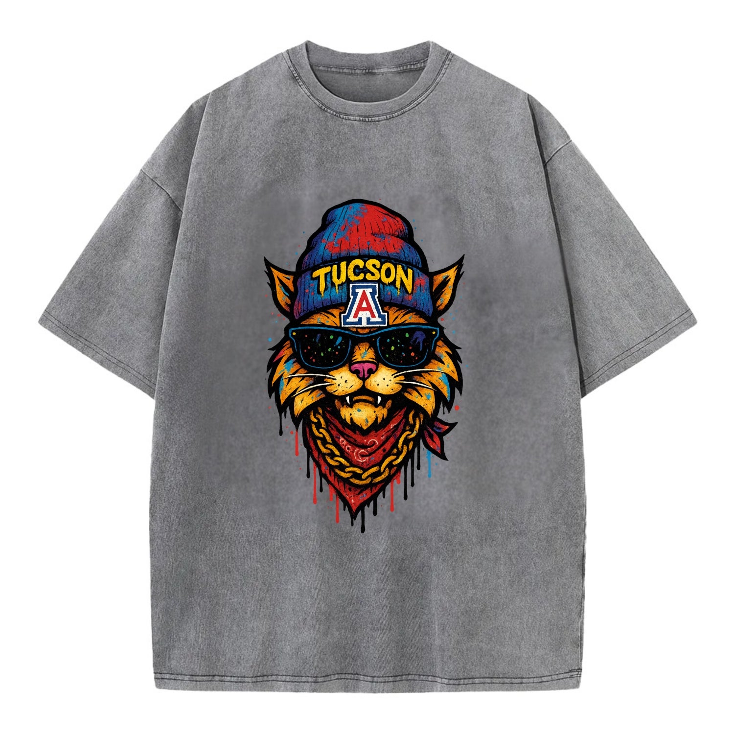 Tucson Wildcat wearing Arizona beanie with A patch - Vintage T-shirt - Grey