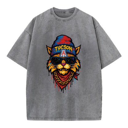 Tucson Wildcat wearing Arizona beanie with A patch - Vintage T-shirt - Grey