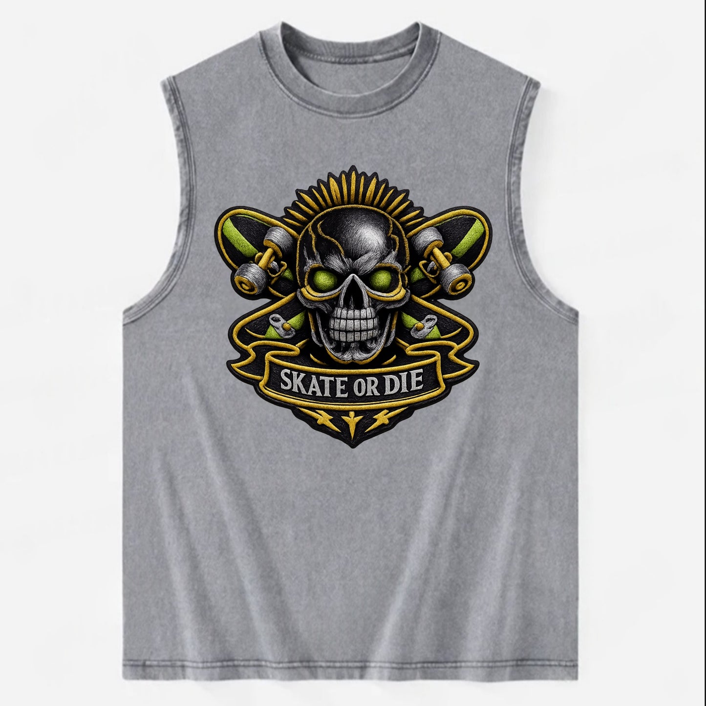 SKATEBOARD SKULL - skull with skateboard in black and neon green , extreme - Vintage Washed Tank - Grey