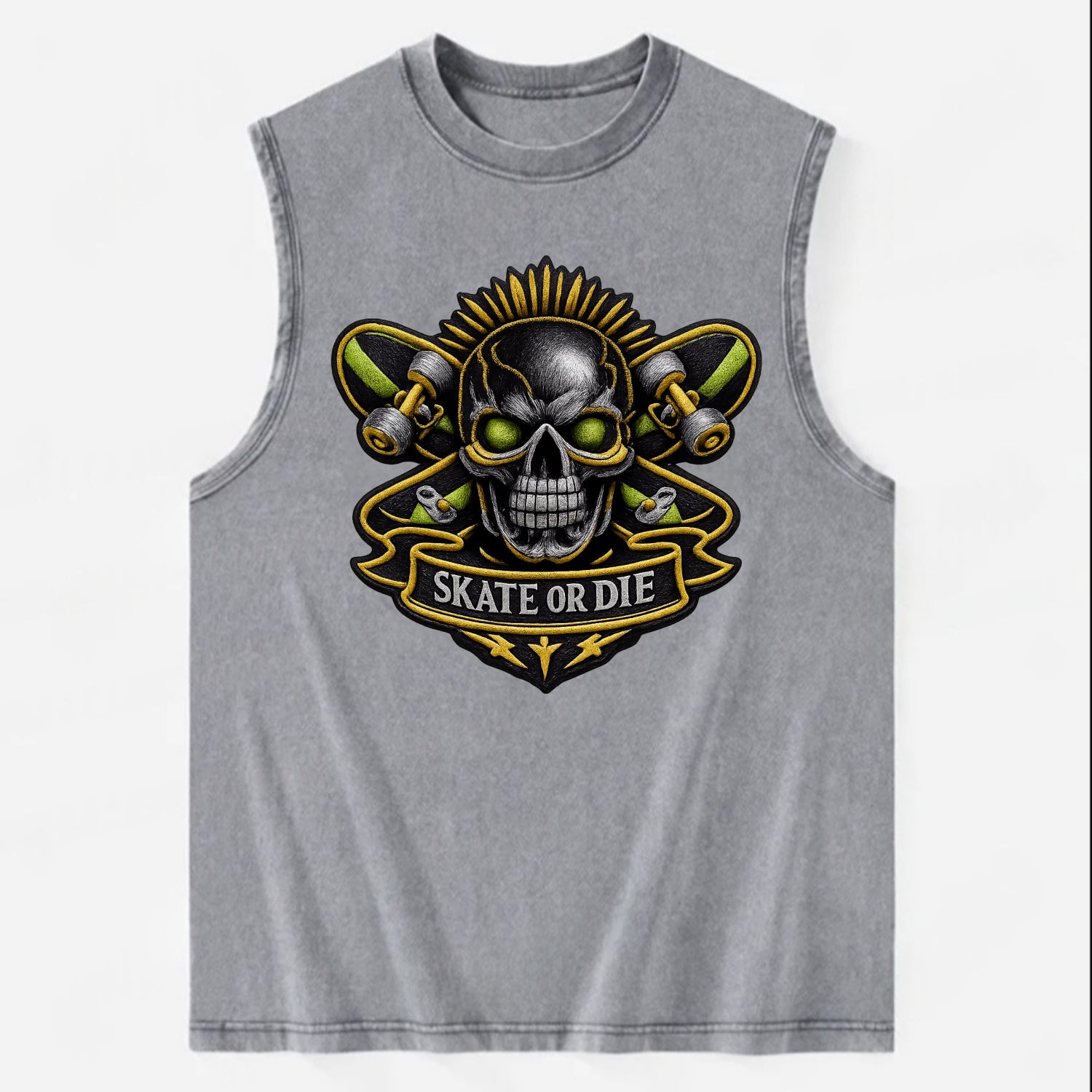 SKATEBOARD SKULL - skull with skateboard in black and neon green , extreme - Vintage Washed Tank - Grey