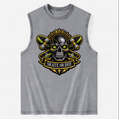 SKATEBOARD SKULL - skull with skateboard in black and neon green , extreme - Vintage Washed Tank - Grey