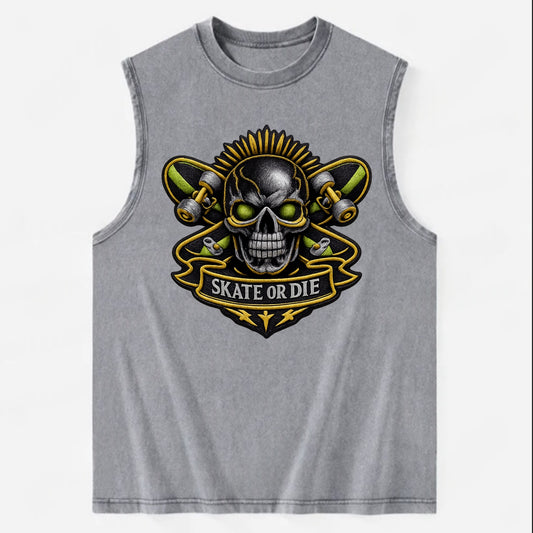 SKATEBOARD SKULL - skull with skateboard in black and neon green , extreme - Vintage Washed Tank - Grey